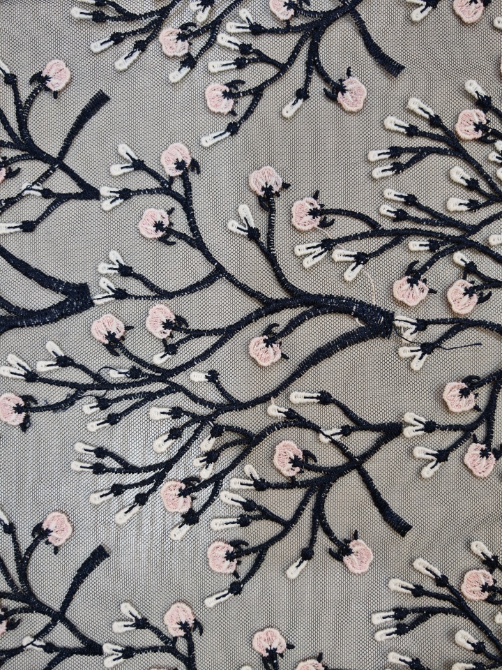 Classical Pink And Black Flower with Plain Embroidery HKP10281  sequins embroidery factory