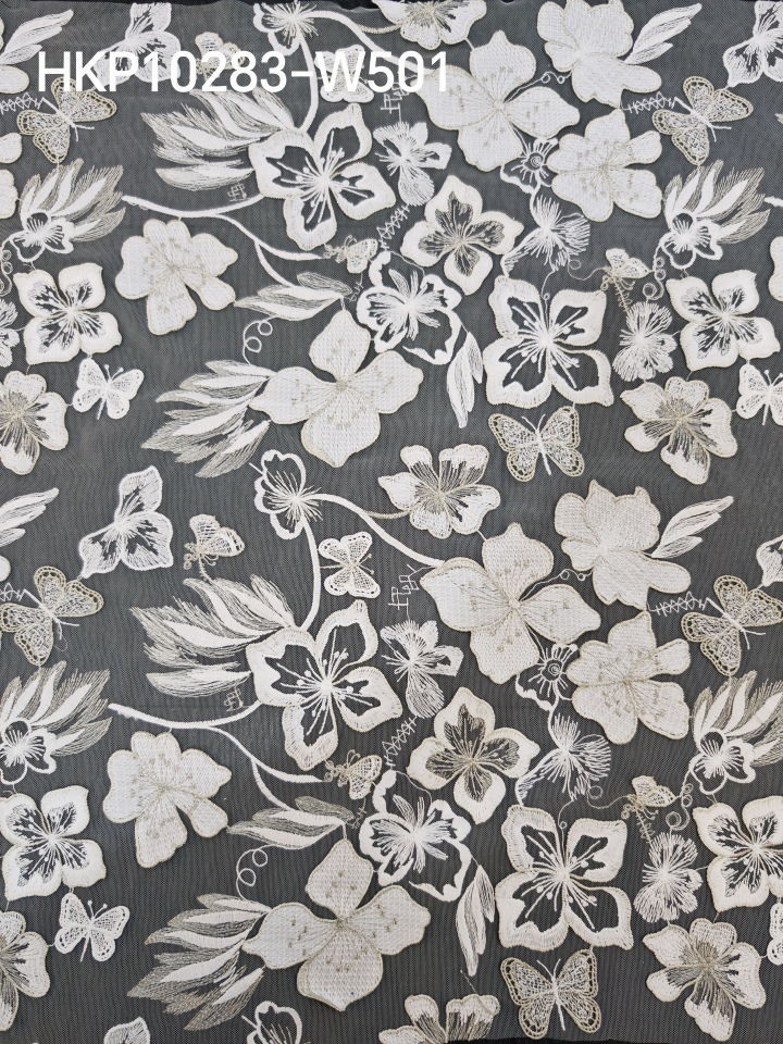 Vivid White Flower And Butterfly Patterns With Plain Embroidery HKP10283  sequins embroidery factory