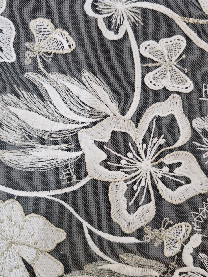 Vivid White Flower And Butterfly Patterns With Plain Embroidery HKP10283  sequins embroidery factory