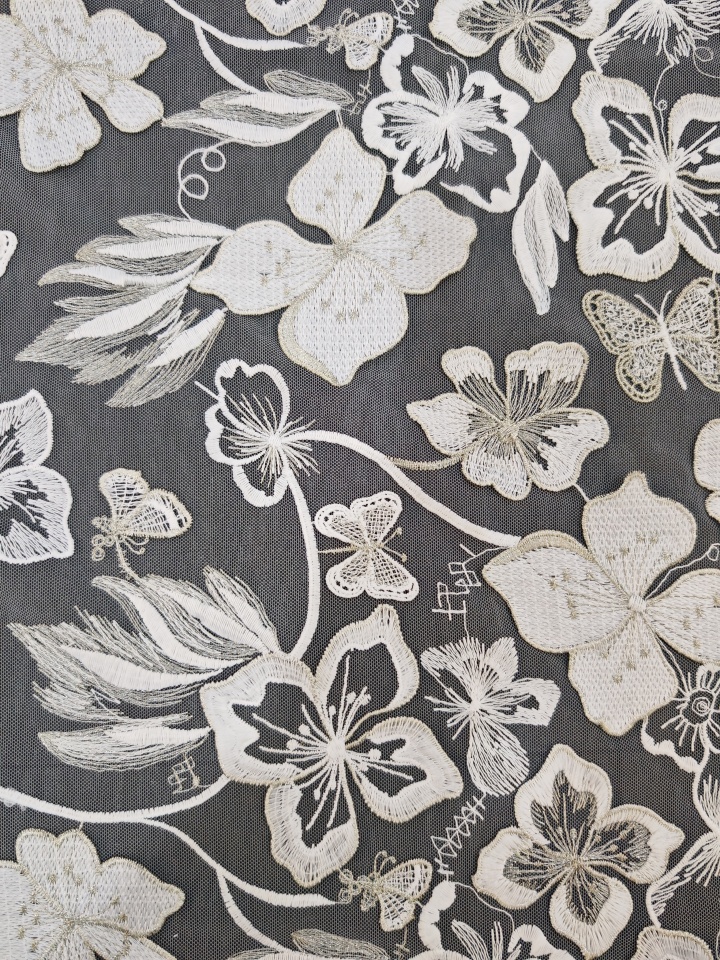 Vivid White Flower And Butterfly Patterns With Plain Embroidery HKP10283  sequins embroidery factory