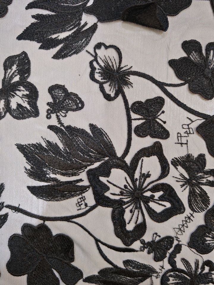Vivid Black Flower And Butterfly Patterns With Plain Embroidery HKP10283  sequins embroidery factory