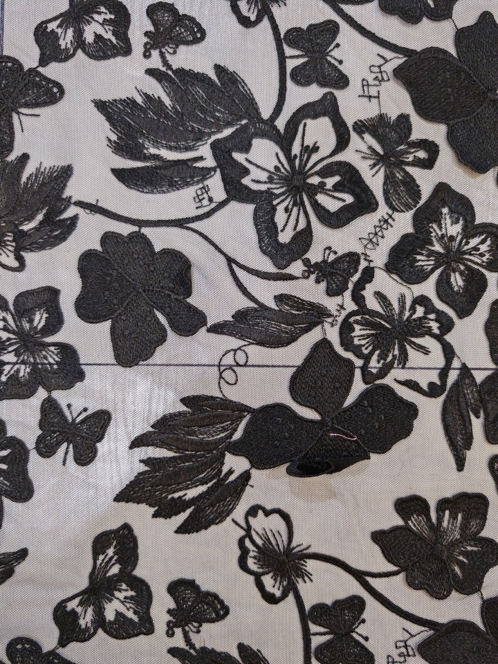 Vivid Black Flower And Butterfly Patterns With Plain Embroidery HKP10283  sequins embroidery factory