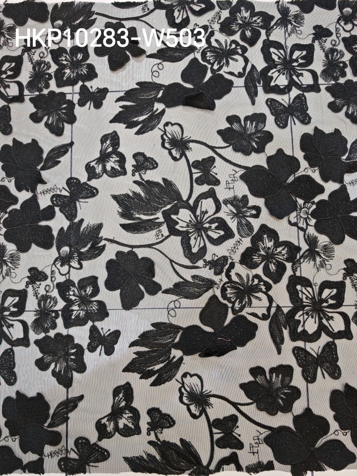 Vivid Black Flower And Butterfly Patterns With Plain Embroidery HKP10283  sequins embroidery factory