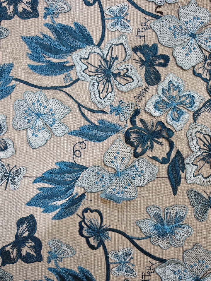 Vivid Blue Flower And Butterfly Patterns With Plain Embroidery HKP10283  sequins embroidery factory