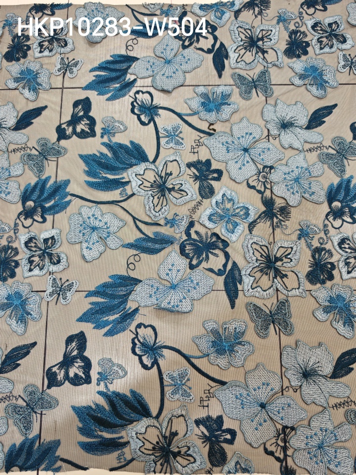 Vivid Blue Flower And Butterfly Patterns With Plain Embroidery HKP10283  sequins embroidery factory