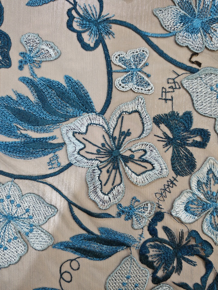 Vivid Blue Flower And Butterfly Patterns With Plain Embroidery HKP10283  sequins embroidery factory
