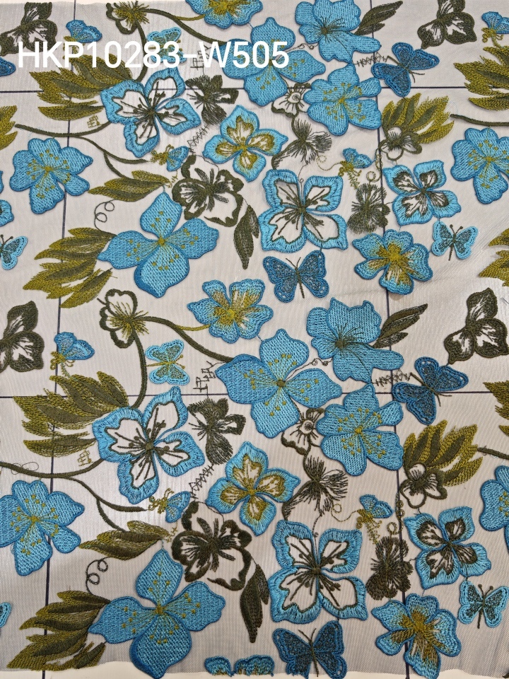 Vivid Blue and Green Flower And Butterfly Patterns With Plain Embroidery HKP10283  sequins embroidery factory