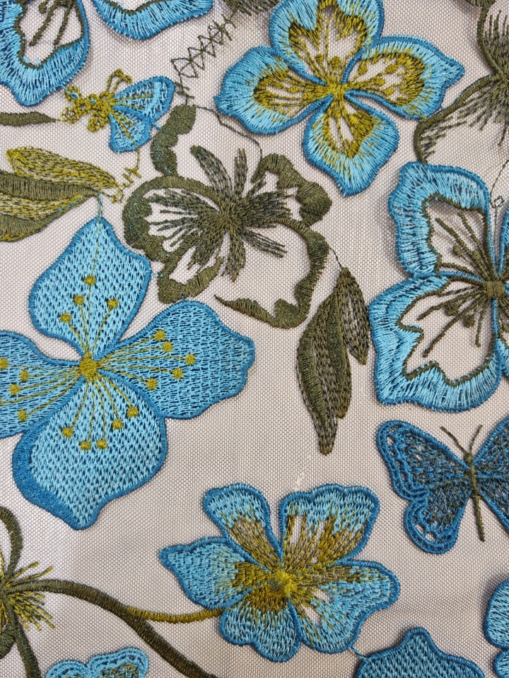 Vivid Blue and Green Flower And Butterfly Patterns With Plain Embroidery HKP10283  sequins embroidery factory