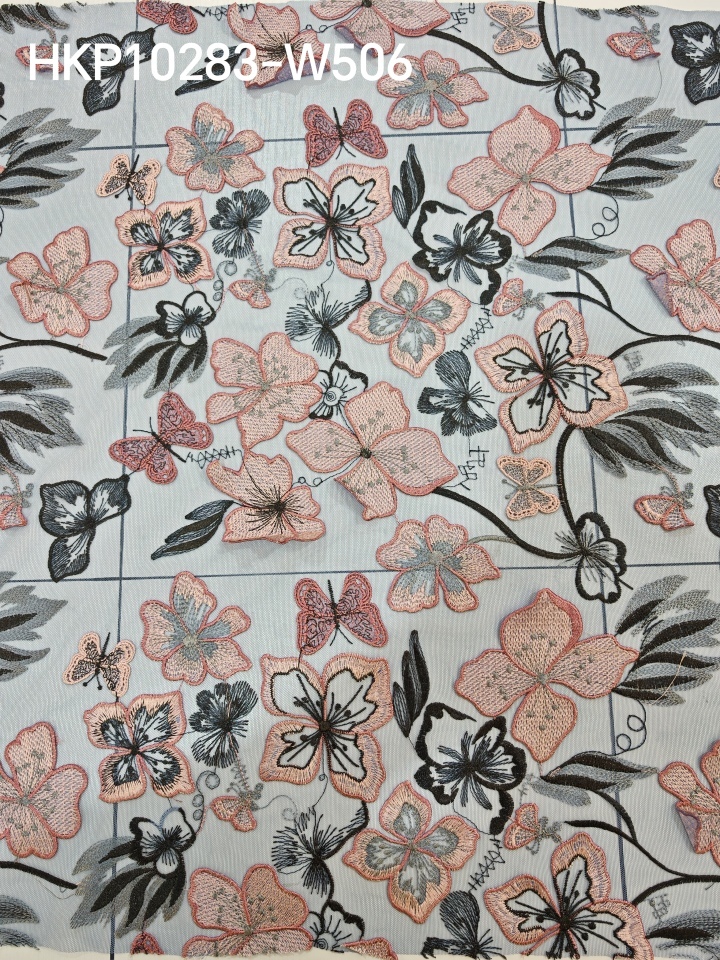 Vivid Pink Flower And Butterfly Patterns With Plain Embroidery HKP10283  sequins embroidery factory