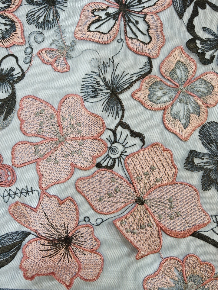 Vivid Pink Flower And Butterfly Patterns With Plain Embroidery HKP10283  sequins embroidery factory