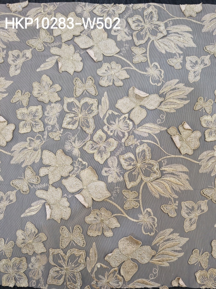Vivid Beige Flower And Butterfly Patterns With Plain Embroidery HKP10283  sequins embroidery factory