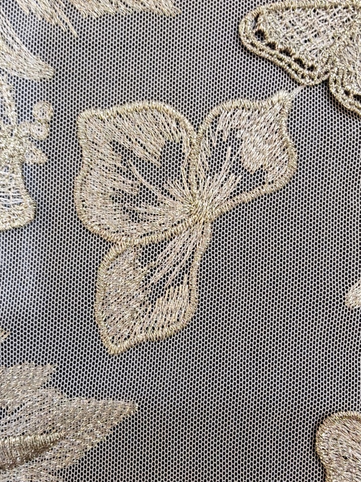 Vivid Beige Flower And Butterfly Patterns With Plain Embroidery HKP10283  sequins embroidery factory