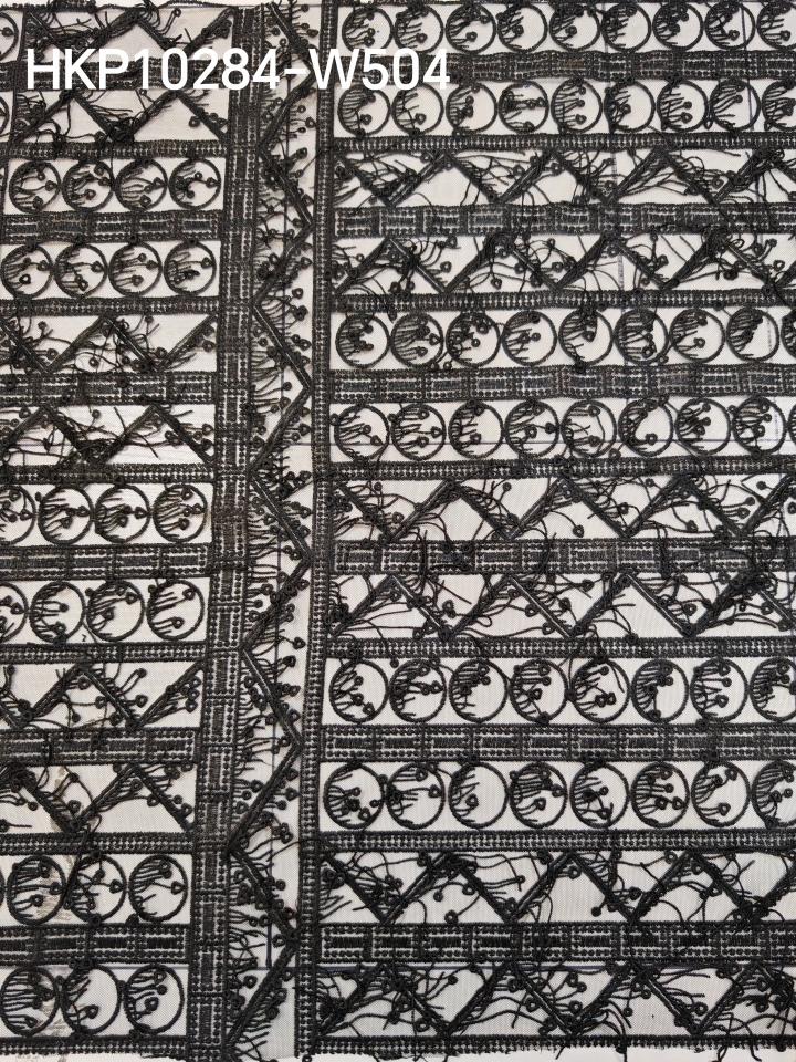 Elegant Black Geometric Pattern With Tassel Embroidery HKP10284  sequins embroidery factory