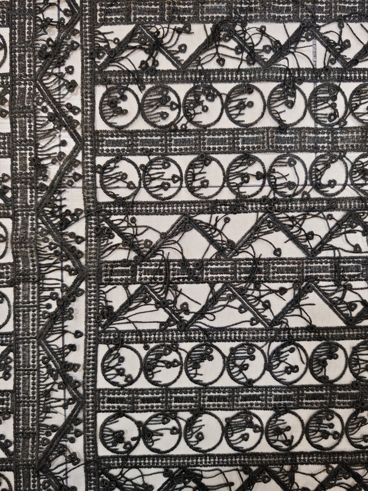 Elegant Black Geometric Pattern With Tassel Embroidery HKP10284  sequins embroidery factory