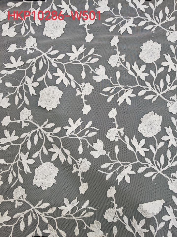 Loop White Flower Pattern With Applique Embroidery HKP10286  sequins embroidery factory