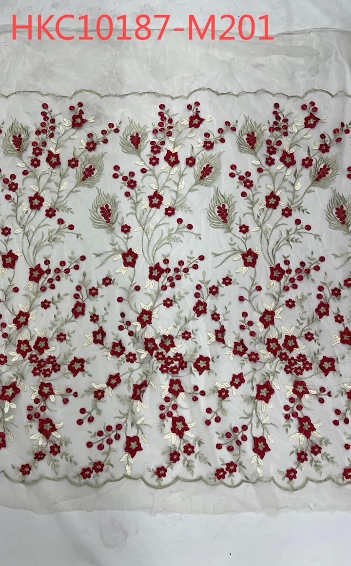 Vibrant Red Flower Pattern With Plain Embroidery HKC10187  embroidery fabric,fashion embroidery fabric,textile