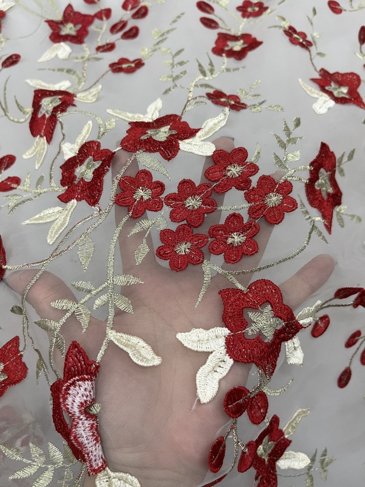 Vibrant Red Flower Pattern With Plain Embroidery HKC10187  embroidery fabric,fashion embroidery fabric,textile
