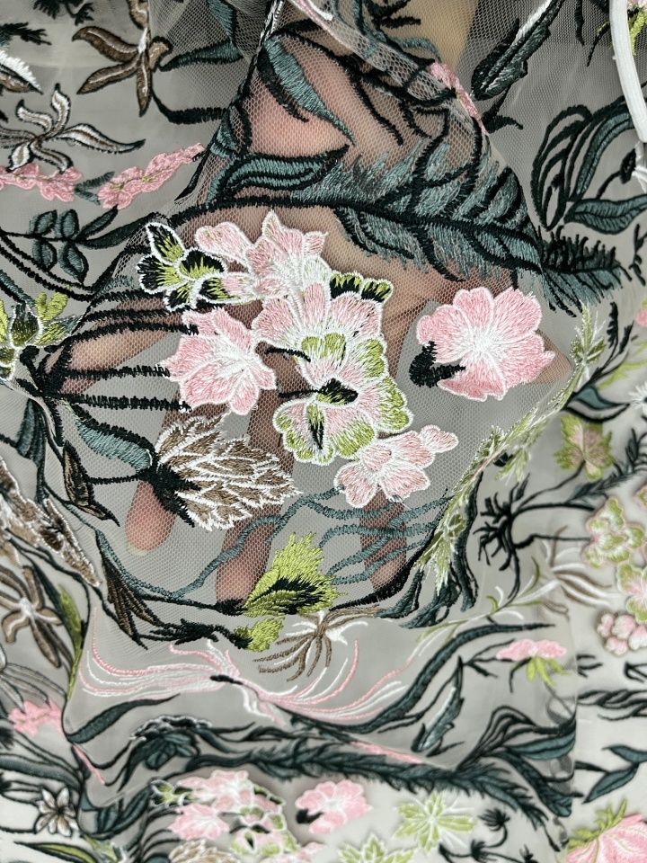 Steady Green Twig Pattern With Plain Embroidery HKC10189  embroidery fabric,fashion embroidery fabric,textile