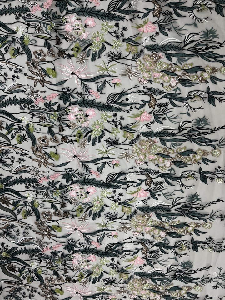 Steady Green Twig Pattern With Plain Embroidery HKC10189  embroidery fabric,fashion embroidery fabric,textile