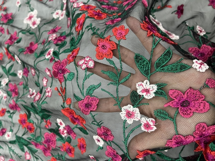 Multi Colorful Flower Pattern With Plain Embroidery HKC10191  embroidery fabric,fashion embroidery fabric,textile