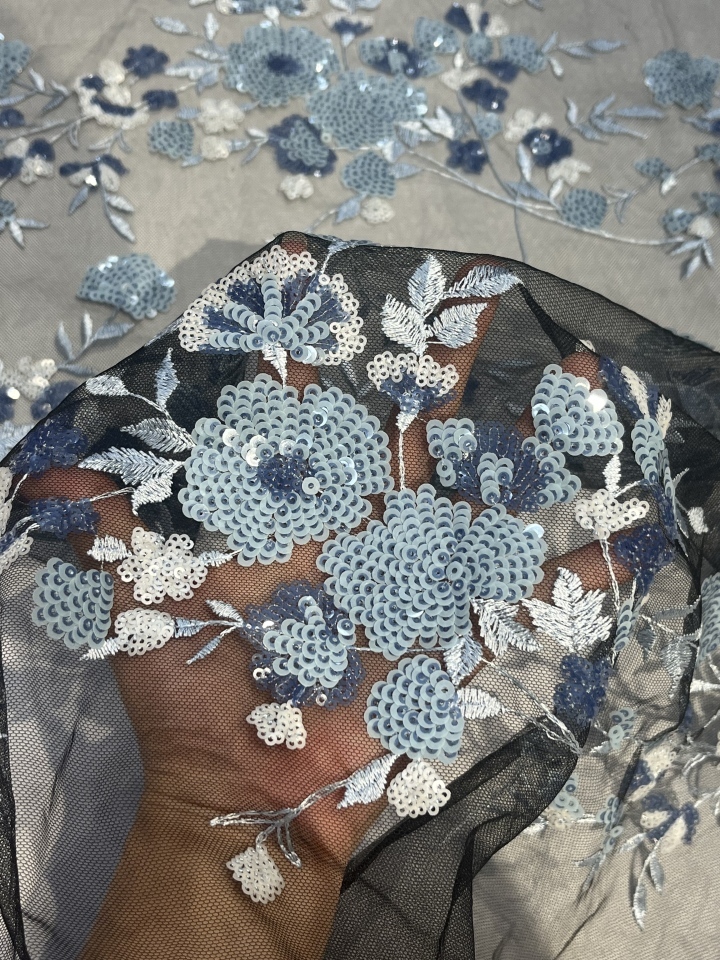 HKZ8903 High Quality Wholesale Plain Embroidery Full Florals Breathable Soft Fabric Durable Textile  sequins embroidery factory
