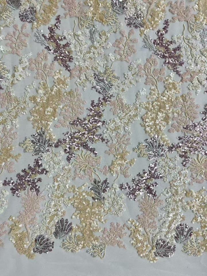  HKZ10381 Luxury Floral Sequin Embroidered Mesh Fabric Sparkly Flower Lace Fabric for Wedding Bridal Gown   sequins embroidery factory