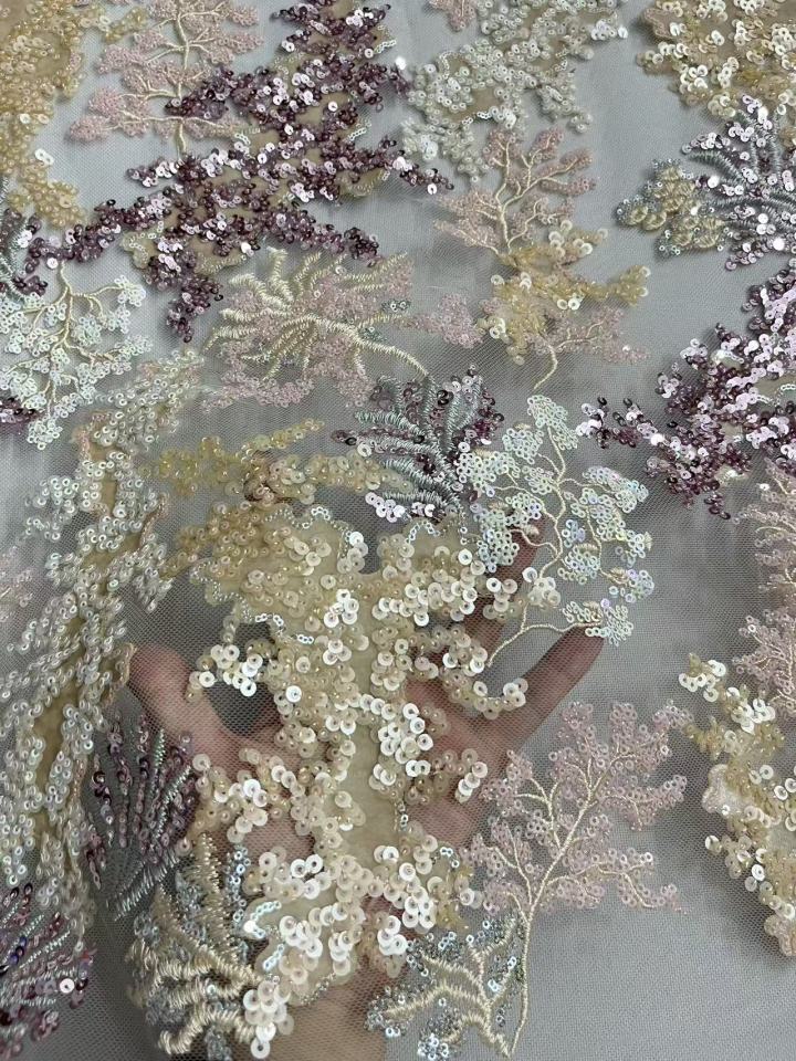  HKZ10381 Luxury Floral Sequin Embroidered Mesh Fabric Sparkly Flower Lace Fabric for Wedding Bridal Gown   sequins embroidery factory
