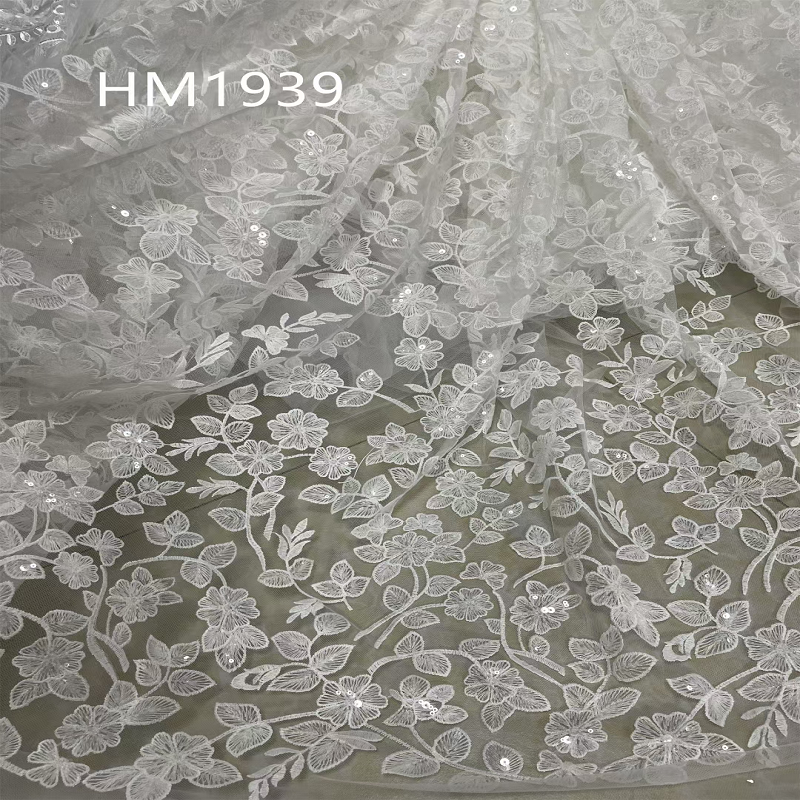 White Flower and Leaf Pattern Sequins Embroidery Fabric for Woman Wedding Dress  HM1939  bridal dress fabric,sequins fabric,fashion fabric