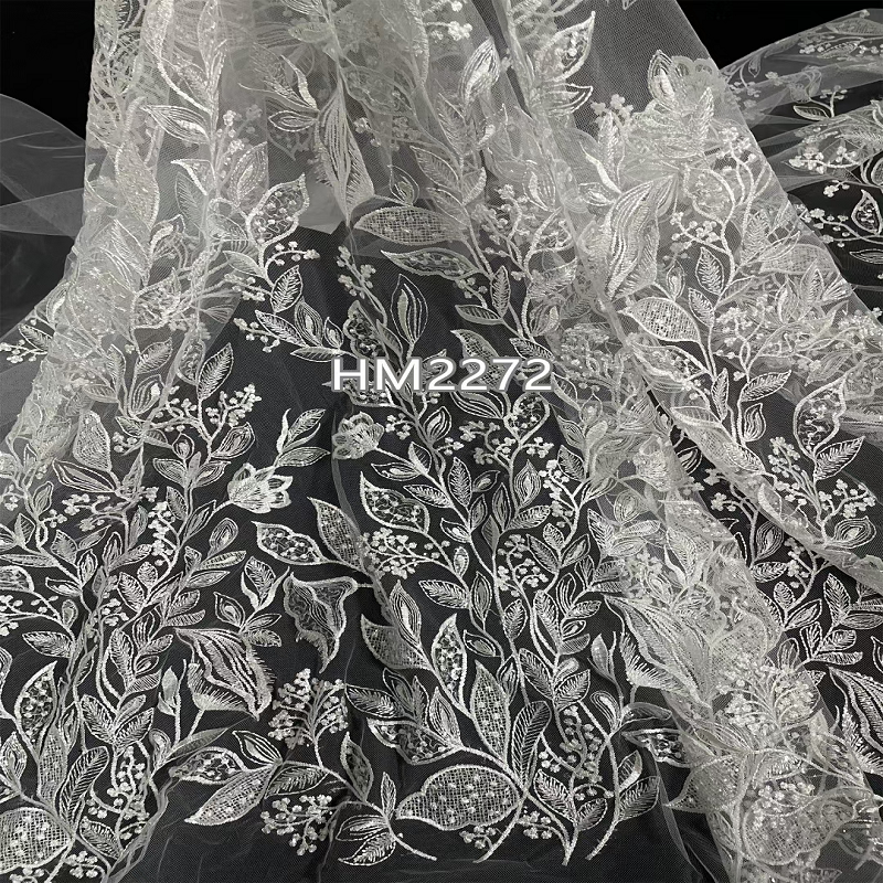  New Styles Floral and Leaf  Pattern Plain Embroidery Fabrics HM2272  bridal dress fabric,sequins emboidery