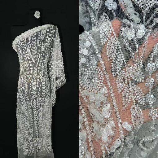 Elegant White Leaves and Flowers Pattern Shiny Sequins Embroidery Fabric with Beads 091202  embroidery factory,sequins emboidery