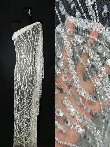 Bridal Classic and Elegant Styles Leaves Pattern Sequins Embroidery Fabric with Beads 091201  equins Embroidery Fabric,Embroidery fabric,embroidery fabric