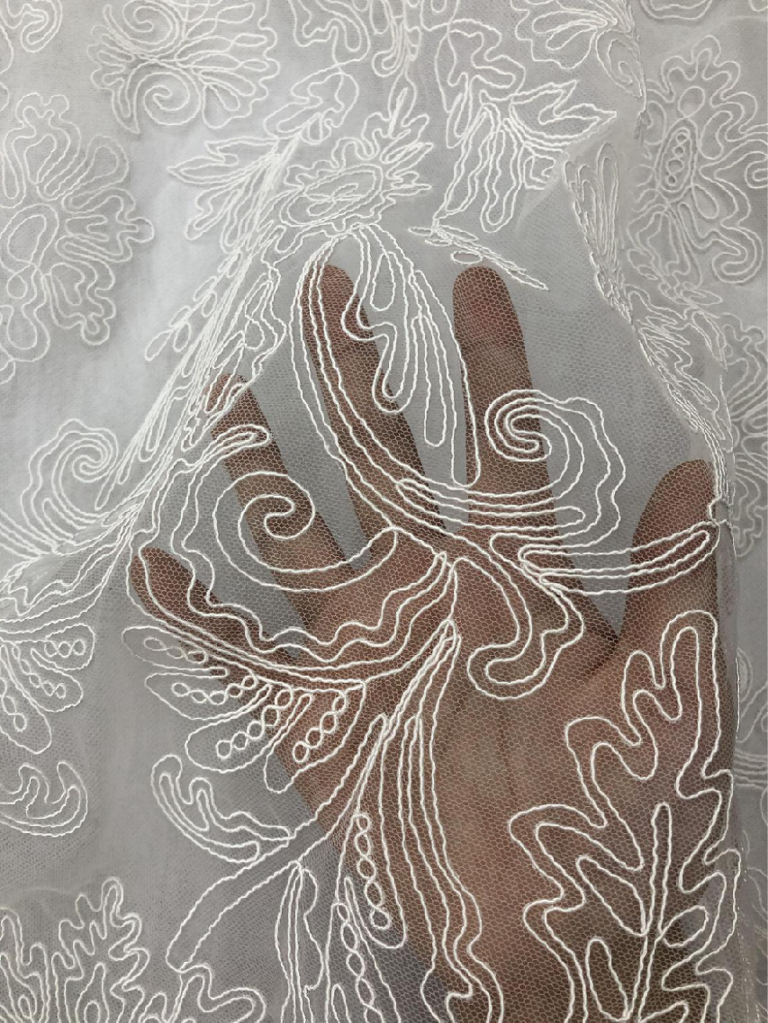White Fashionable Leaf and Flowers Pattern Cord Embroidery Fabric for Bridal Dress EX587  fashion fabric,cord embroidery,bridal dress fabric
