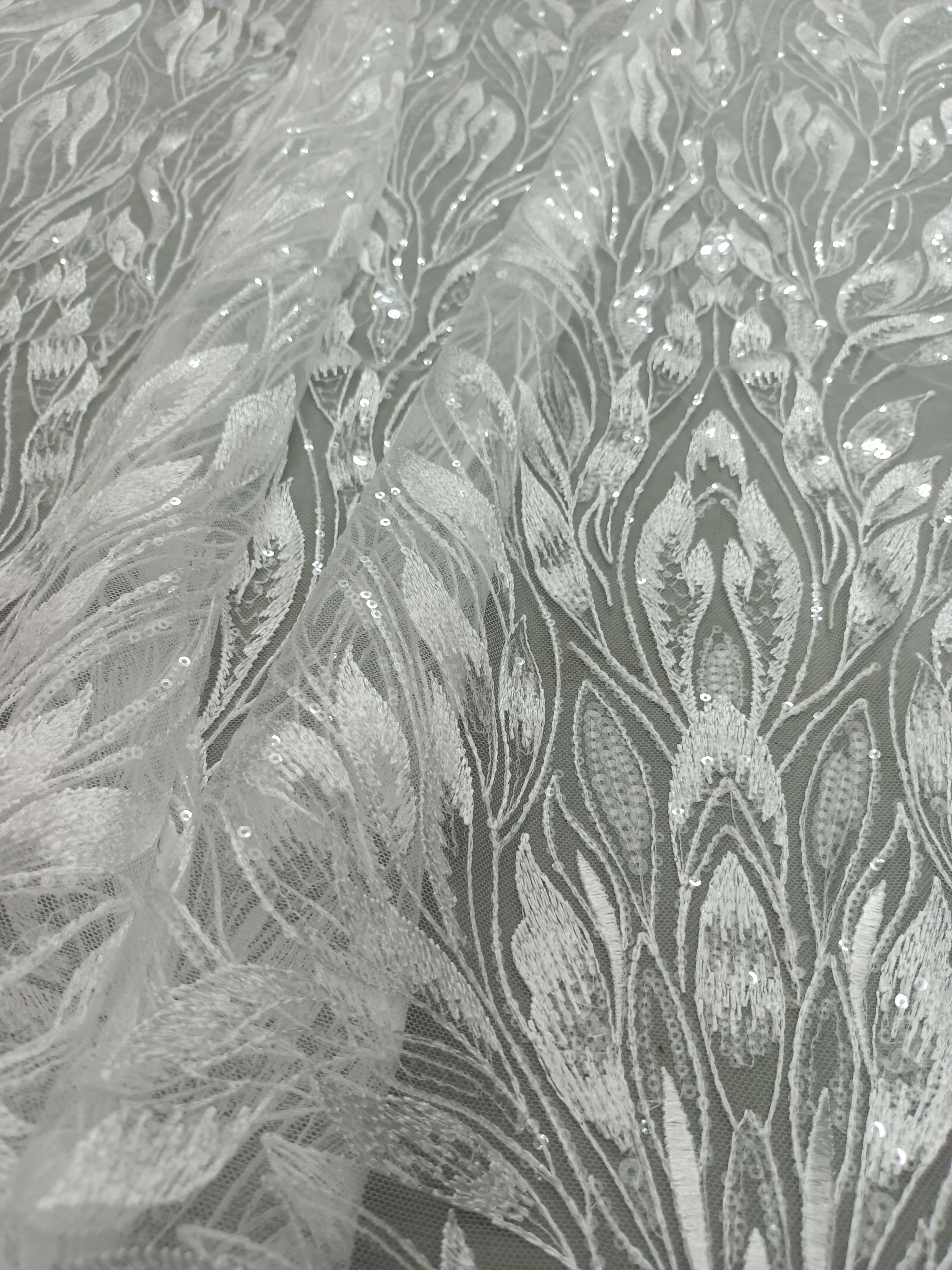 Elegant Styles Shiny Leaf Pattern Sequins Embroidery Fabric HKZ9962  embroidery,wedding dress fabric,sequins embroidery fabric