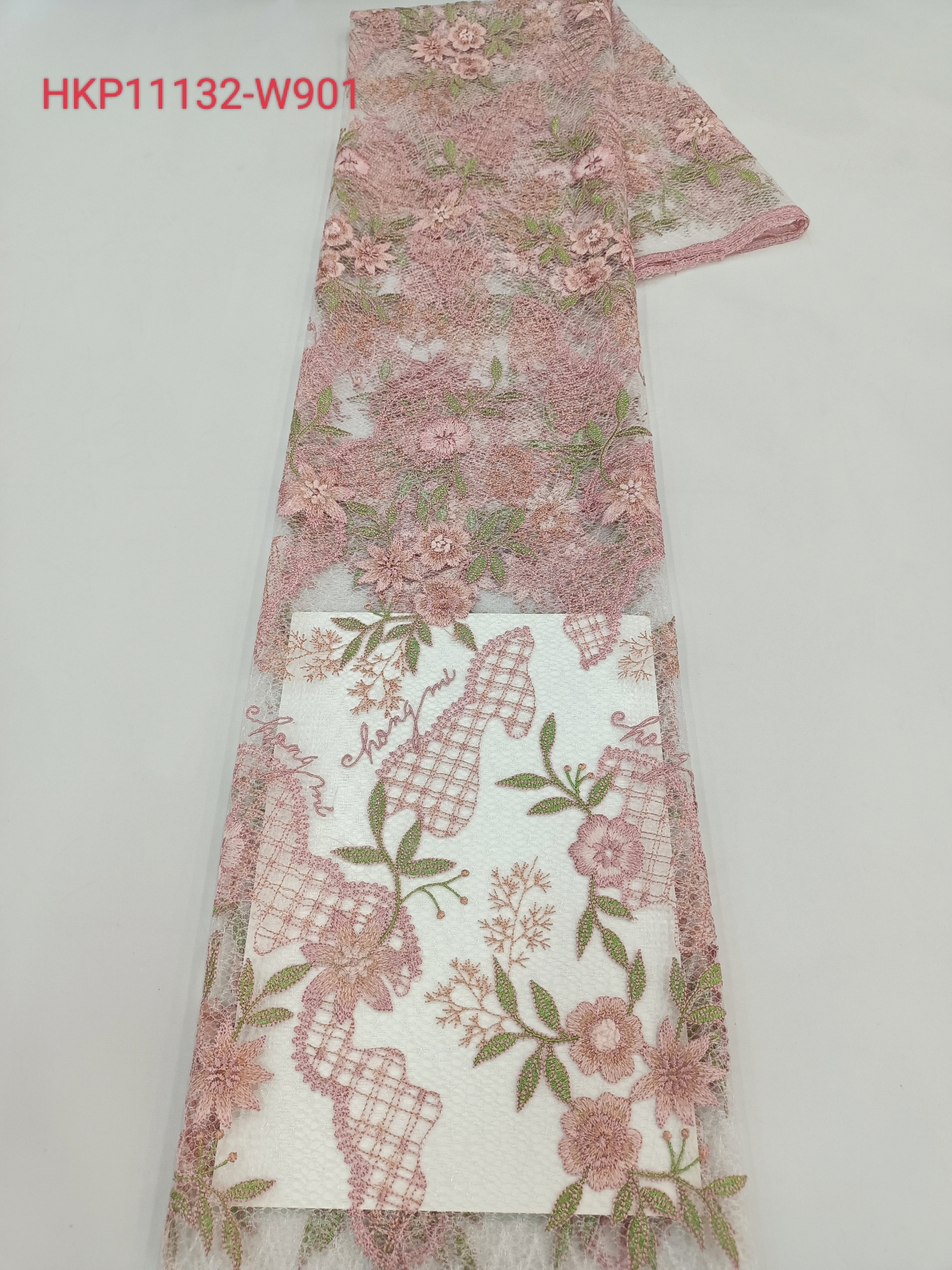 Pink Flower and leaf Pattern Plain Embroidery HKP11132-W901  