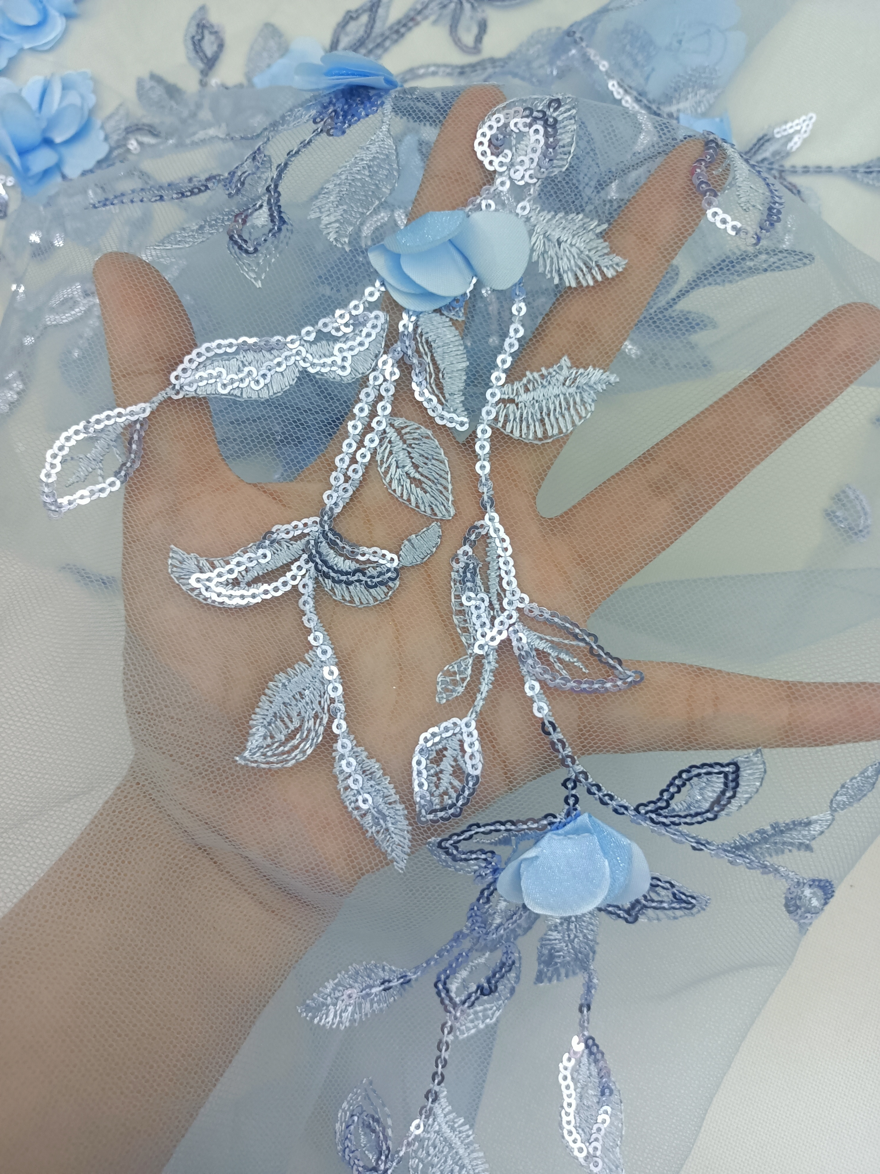 Bule 3D Floral and Leaves with sequins Embroidery Fabric HKZ9988-R401  sequins