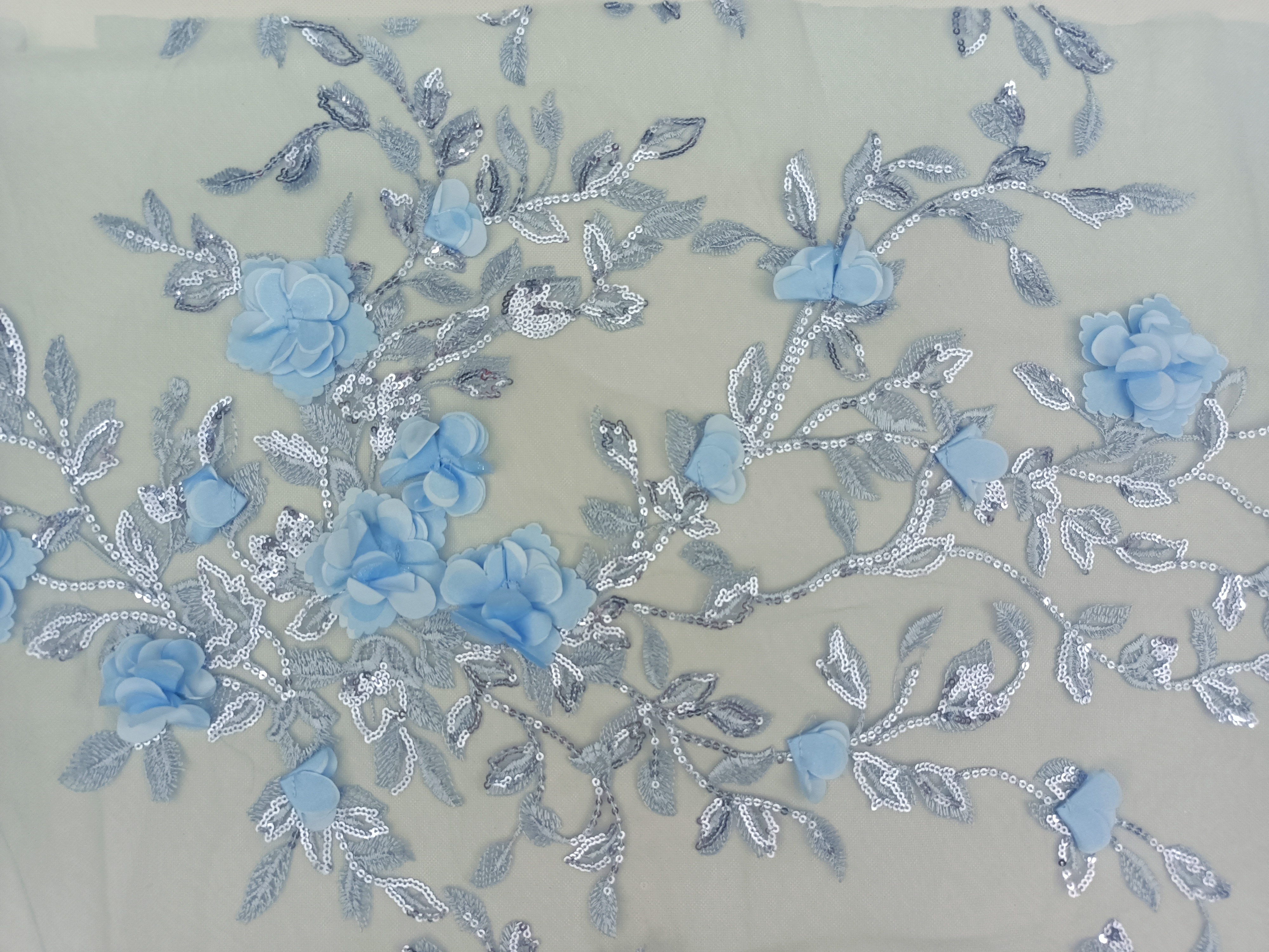 Bule 3D Floral and Leaves with sequins Embroidery Fabric HKZ9988-R401  sequins