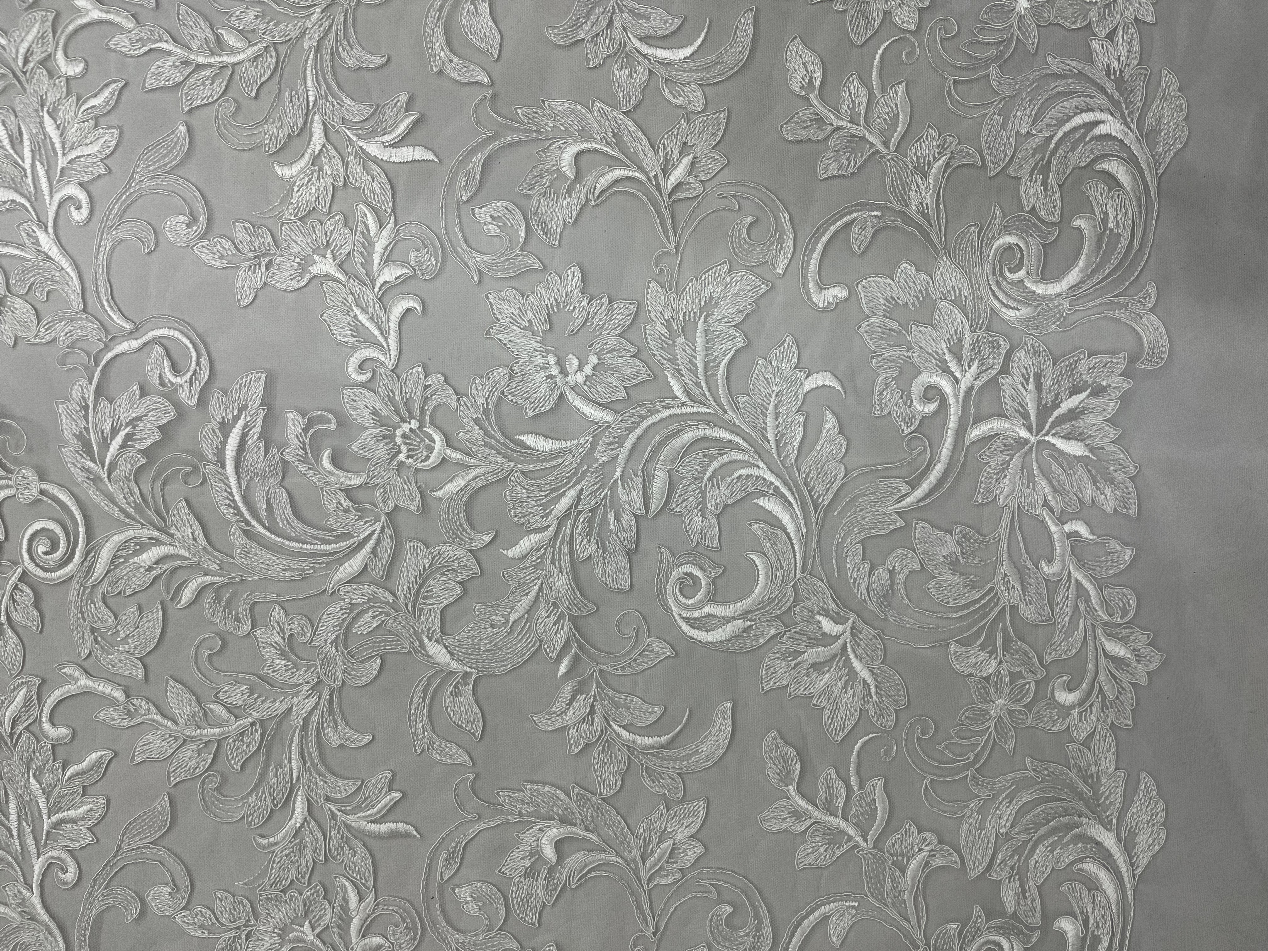 Classic White Flowers and leaves Pattern with Cord Plain Embroidery HKP10023-W501  