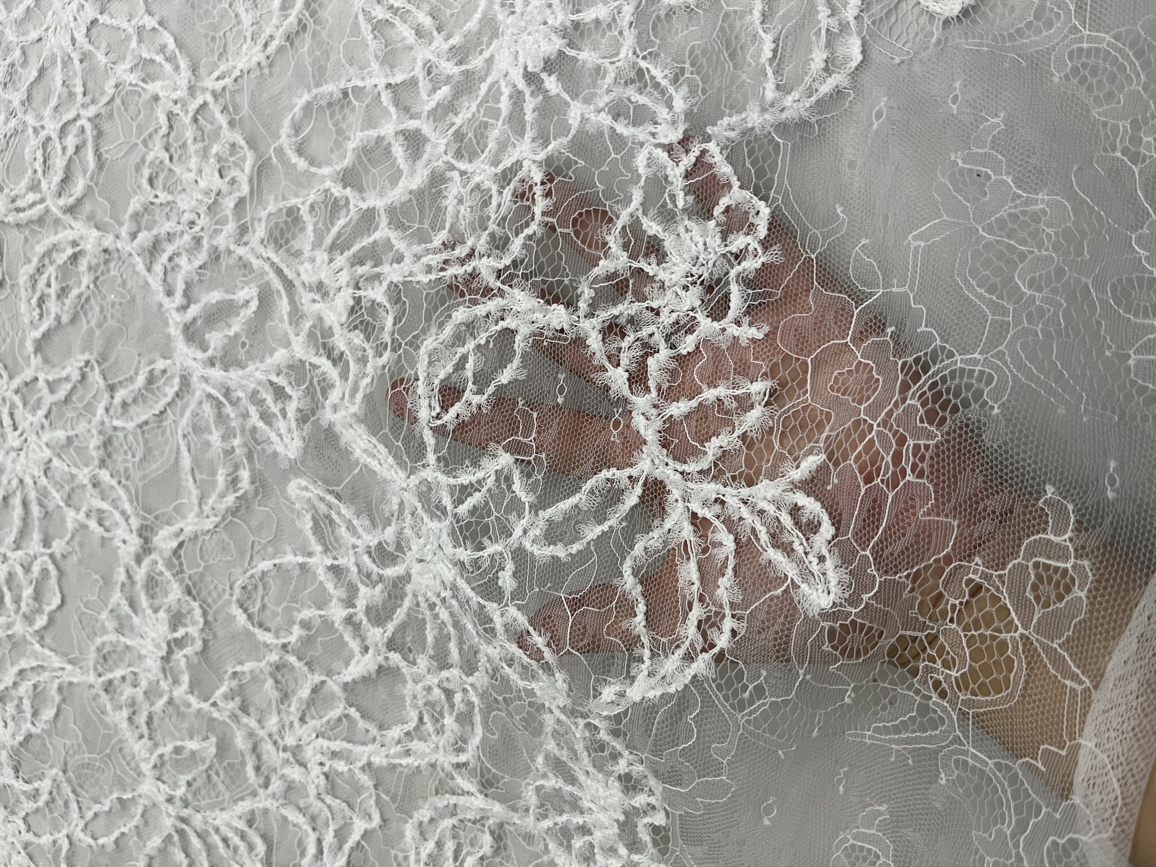 Funky White Leaves Pattern Lace Embroidery Fabric L-EX-10046  