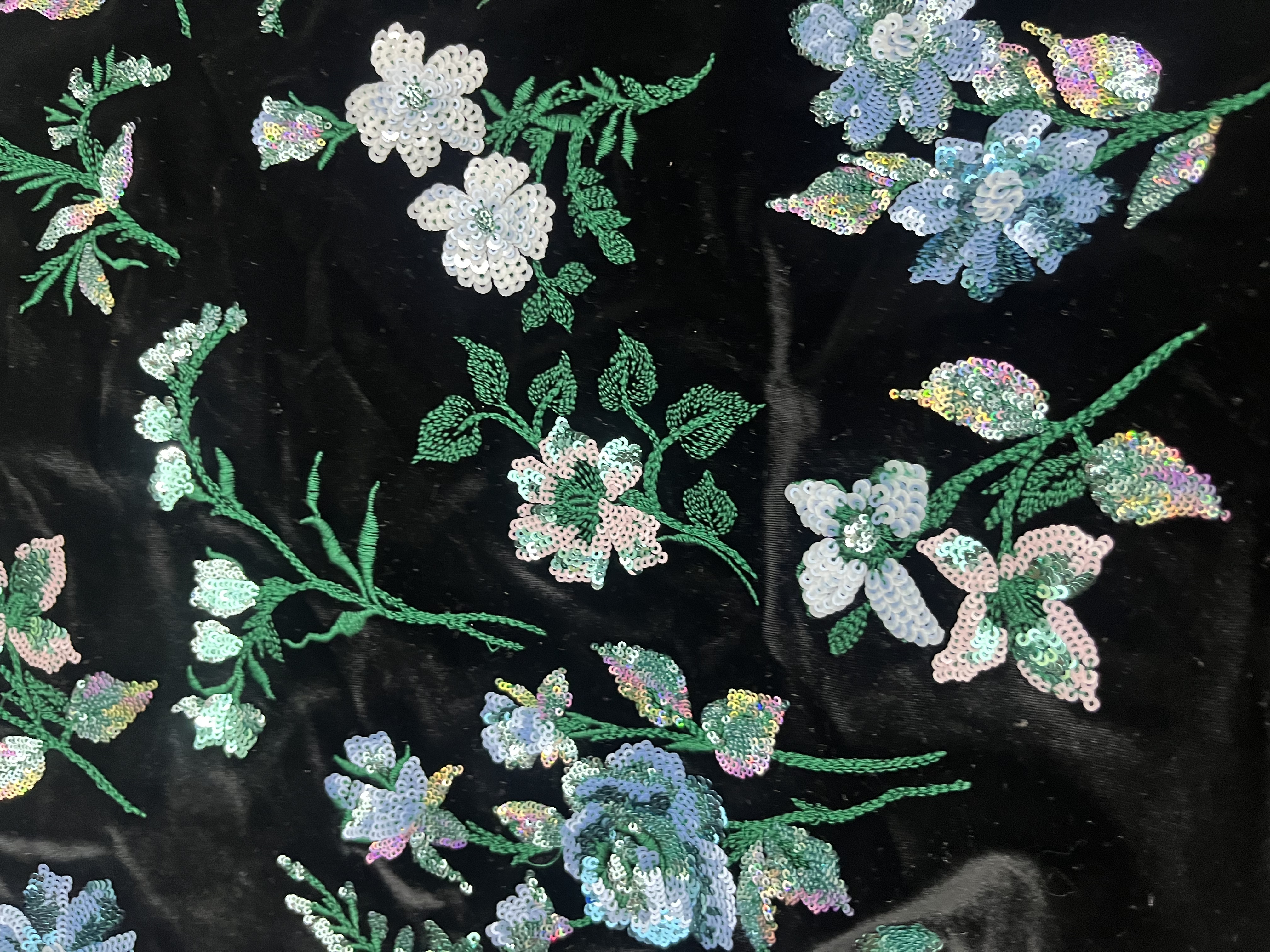 Brightly-coloured green flower and leaves Pattern  with sequins Fabric HKZ10122-L101  