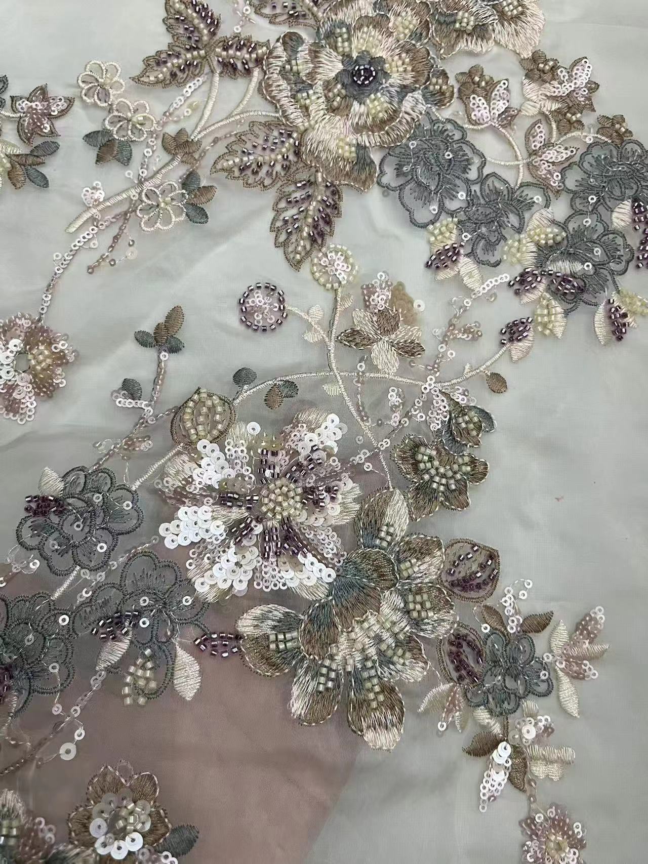 Multi-colored Flowers Sequins Embroidery Fabric with Beads HKZ10136  sequins embroidery fabric,multi-colored embroidery fabric,fashion embroidery fabric