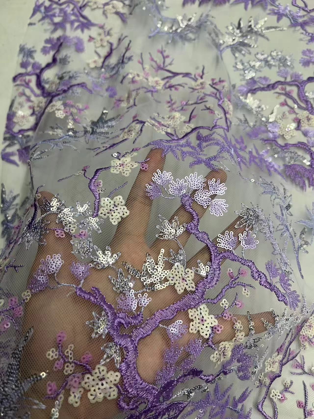 Multi-colored Floral  and Leaf Pattern Sequins Embroidery Fabric HKZ10128  textile factory,embroidery fabric,dress fabric
