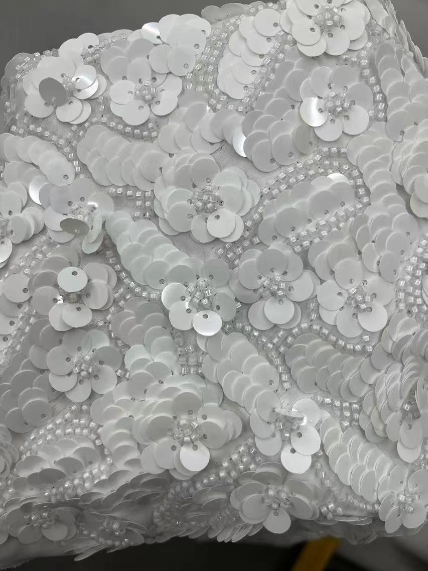 New Styles White Floral Pattern with Beads Sequins Embroidery Fabric HKZ10138 Sequins embroidery fashion fabric,new styles embroidery fabric,textile factory