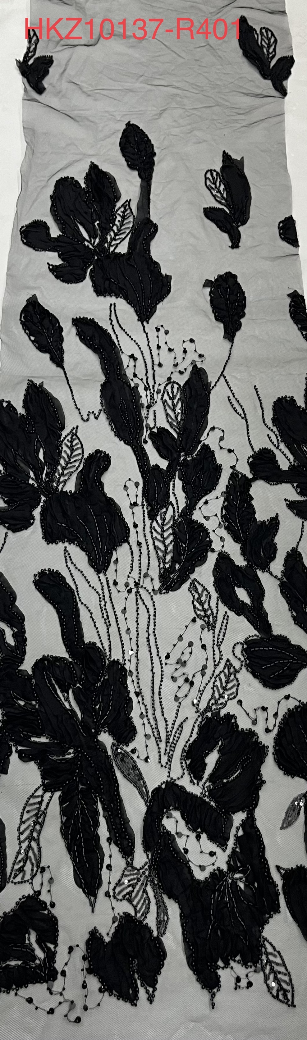 Latest Styles Black Leaf Pattern with Beads Sequins Embroidery Fabric HKZ10137  sequins embroidery