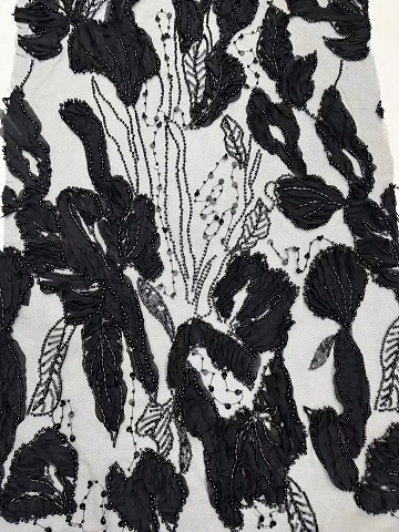 Latest Styles Black Leaf Pattern with Beads Sequins Embroidery Fabric HKZ10137  sequins embroidery