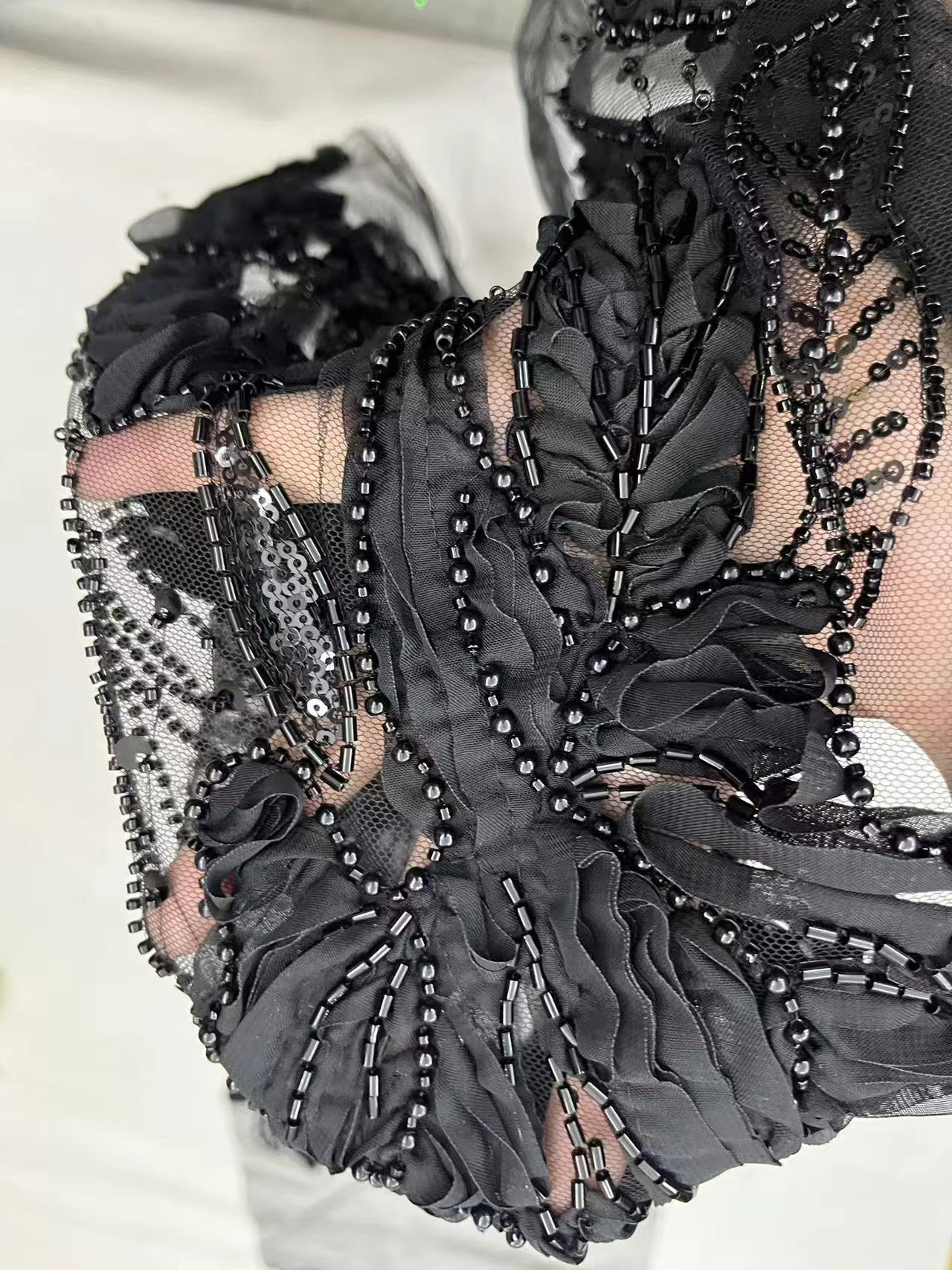 Latest Styles Black Leaf Pattern with Beads Sequins Embroidery Fabric HKZ10137  sequins embroidery