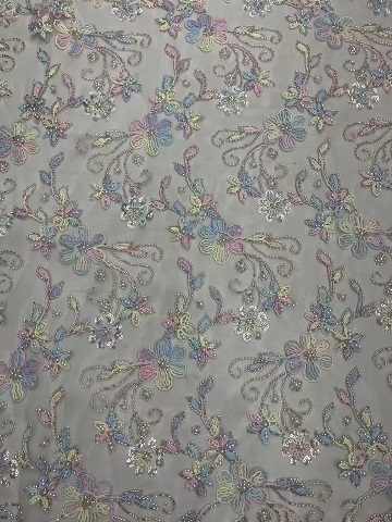 Creative Multi-colored Flowers Pattern with Colling Embroidery Sequins Embroidery Fabric HKZ10131  sequins embroidery fabric,colling embroidery,multi-colored embroidery fabric
