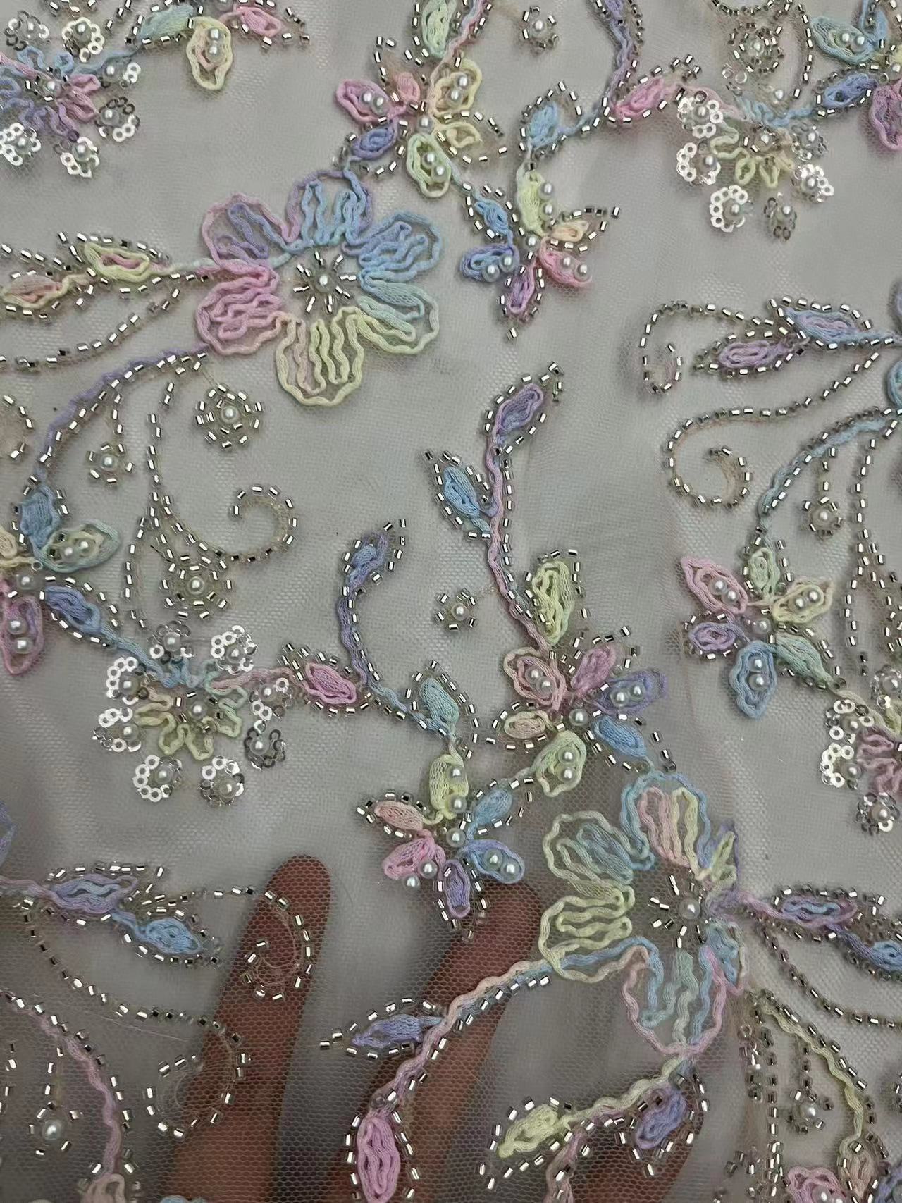Creative Multi-colored Flowers Pattern with Colling Embroidery Sequins Embroidery Fabric HKZ10131  sequins embroidery fabric,colling embroidery,multi-colored embroidery fabric