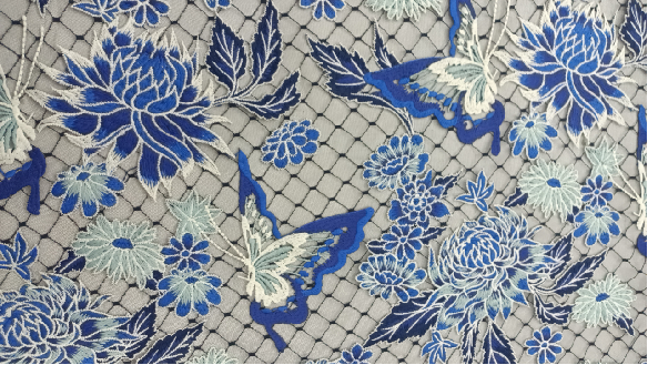 Intricate Design with Blue And White Patterns Chemical Lace Embroidery Fabric HKC10203  colorful patterns,beautiful flowers embroidery,Chemical Lace