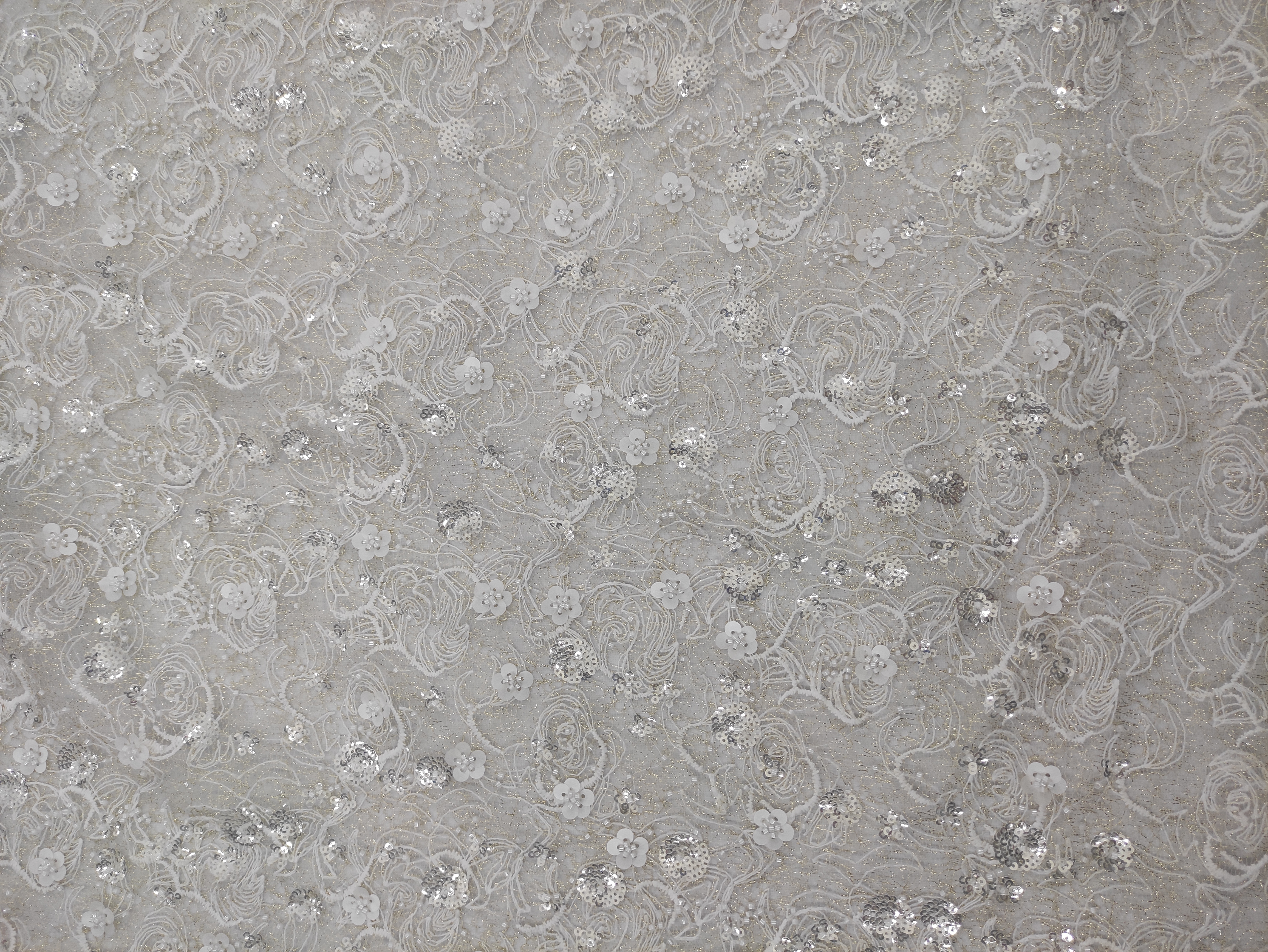 Flower Pattern With Golden Silk Thread And Sequins Embroidery Fabric HKZ9901  sequins embroidery factory