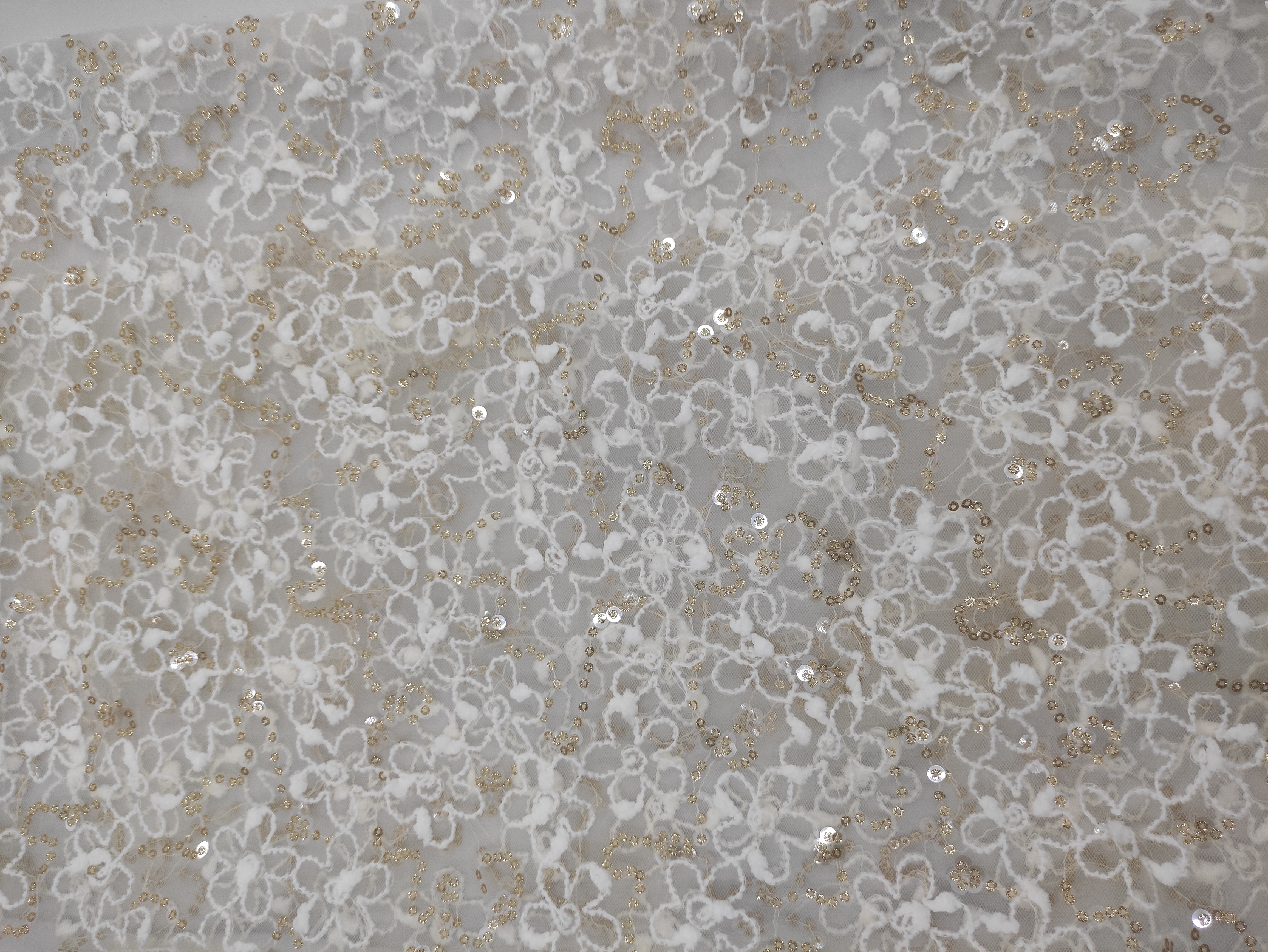 Beautiful Embroidery With White Flower Pattern And Sequins Embroidery Fabric HKZ9902  sequins embroidery factory